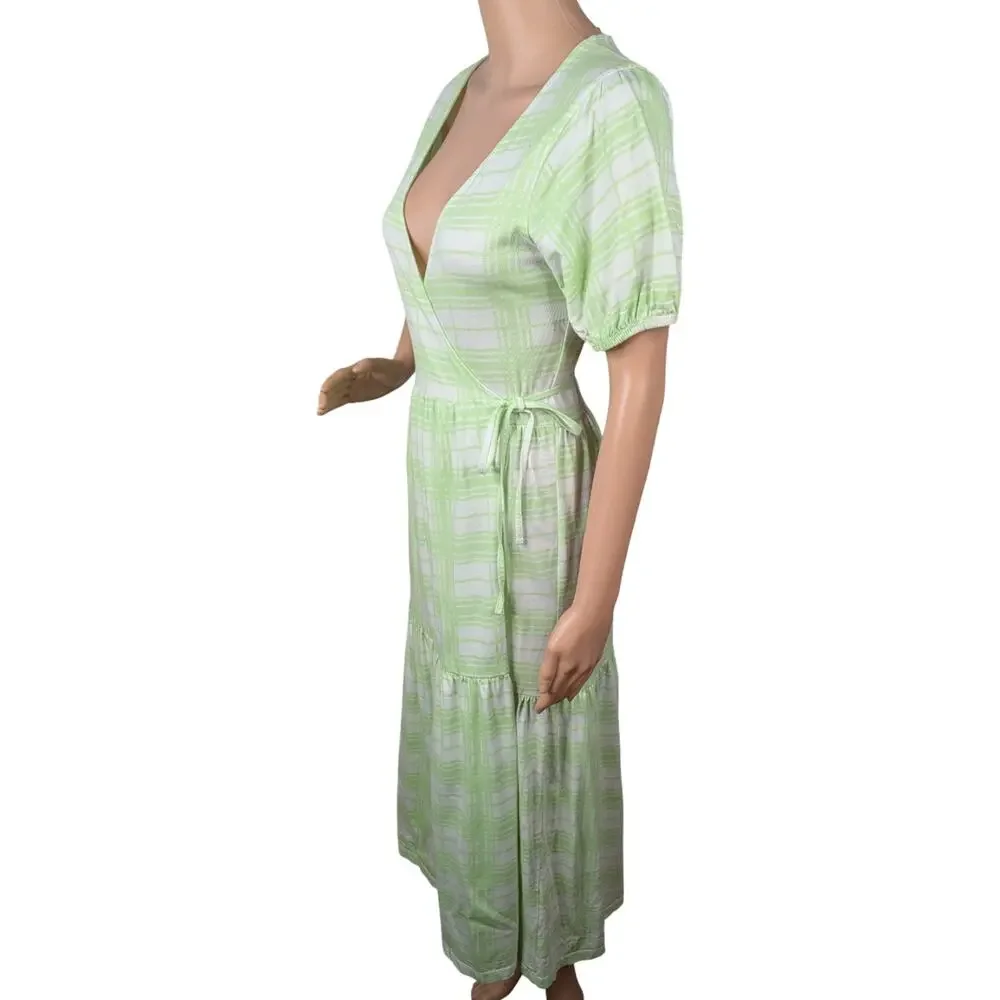 ASOS Pastel Green Plaid Cotton Jersey Wrap Midi Dress 4 Puff Sleeve Gingham